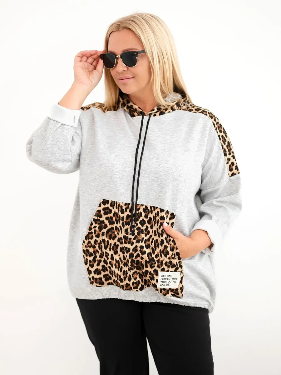 Szara bluza damska Plus Size wiskozowa z kapturem