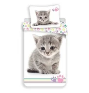 Pościel dla dzieci - Jerry Fabrics Pościel bawełniana 140x200 Kotek 2658 kot Cat biała kolorowe kocie łapki dwustronna poszewka 70x90 - miniaturka - grafika 1