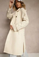 Płaszcze damskie - Jasnobeżowy Dwurzędowy Płaszcz Typu Trencz z Pagonami i Paskiem w Talii Malwizia - miniaturka - grafika 1