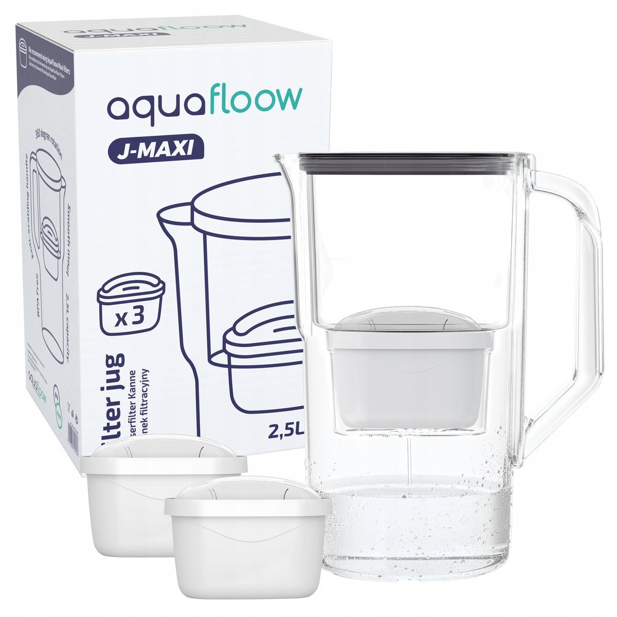 Dzbanek plastikowy AquaFloow J-MAXI 2,5l czarny + 3x filtr wkład wody Maxi