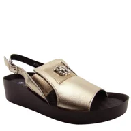 Sandały damskie - S.Barski KV51-070 damskie sandały skórzane na koturnie złote - miniaturka - grafika 1