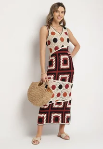 Beżowo-Brązowa Bawełniana Sukienka Szydełkowa o Dopasowanym Kroju Atarina - Sukienki - miniaturka - grafika 1