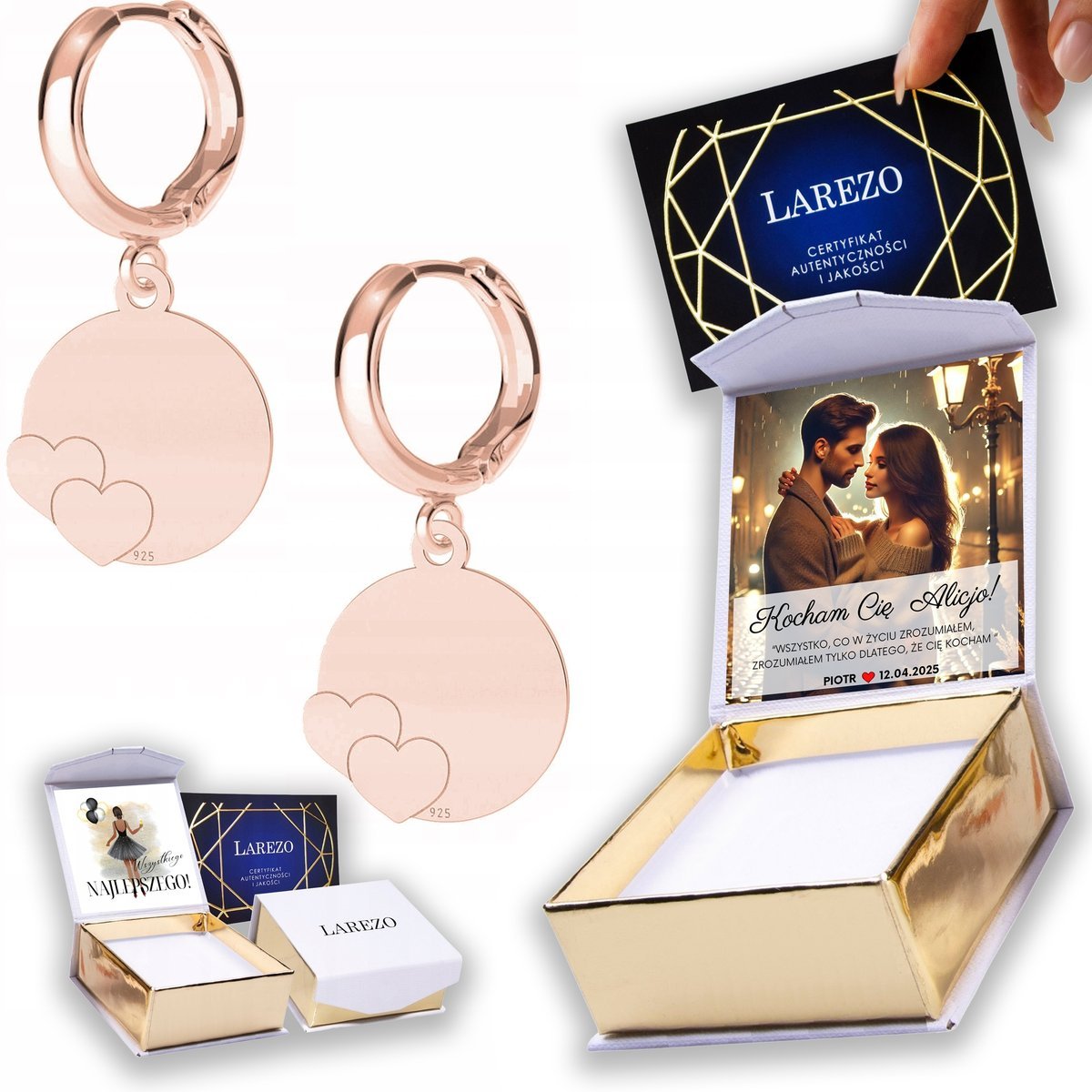 Kolczyki Pozłacane 925 Blaszki z Serduszkami Blaszka Serca Serduszka NADRUK