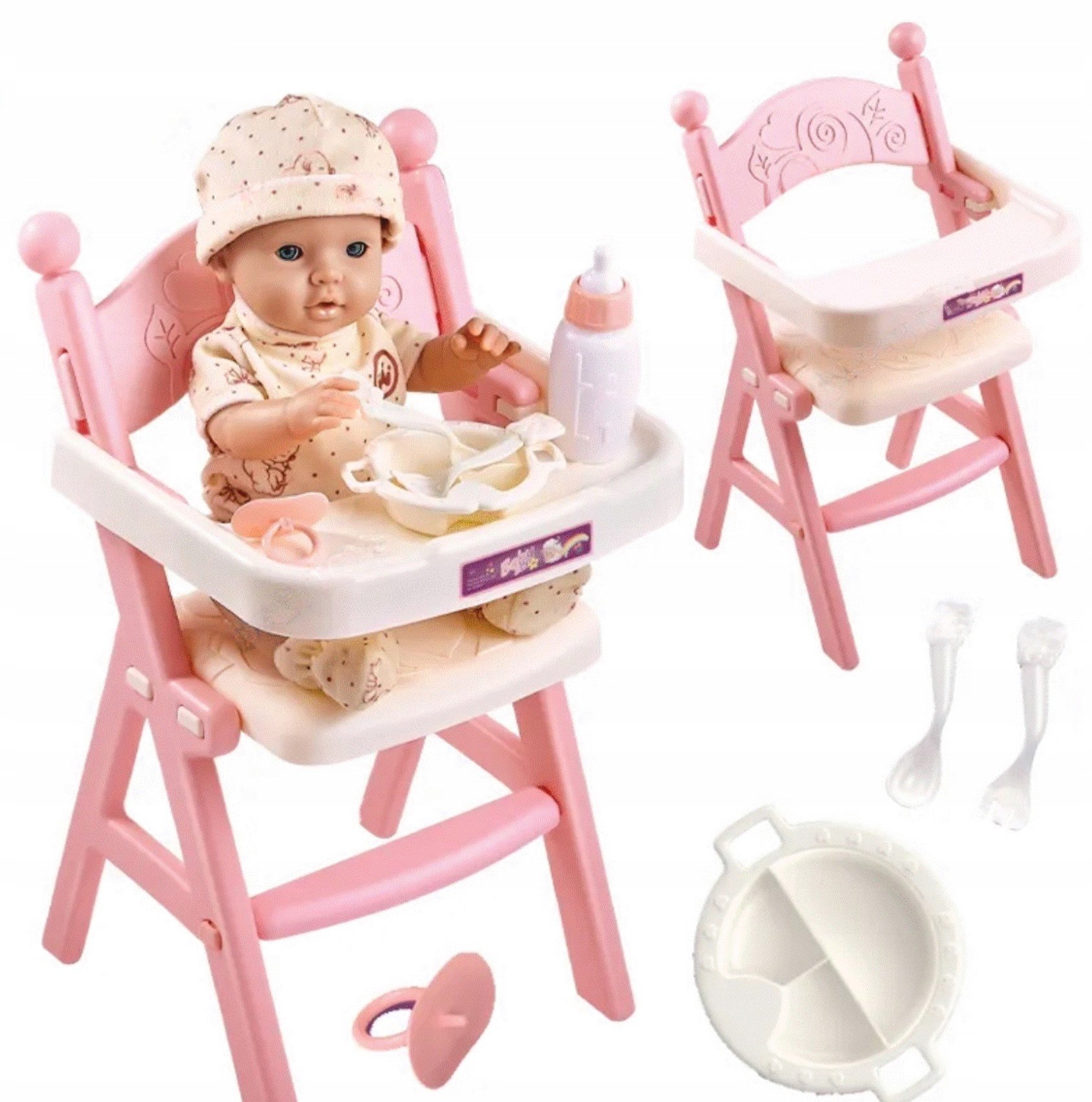 Lalka z krzesełkiem do karmienia i akcesoriami smoczek talerzyk butelka