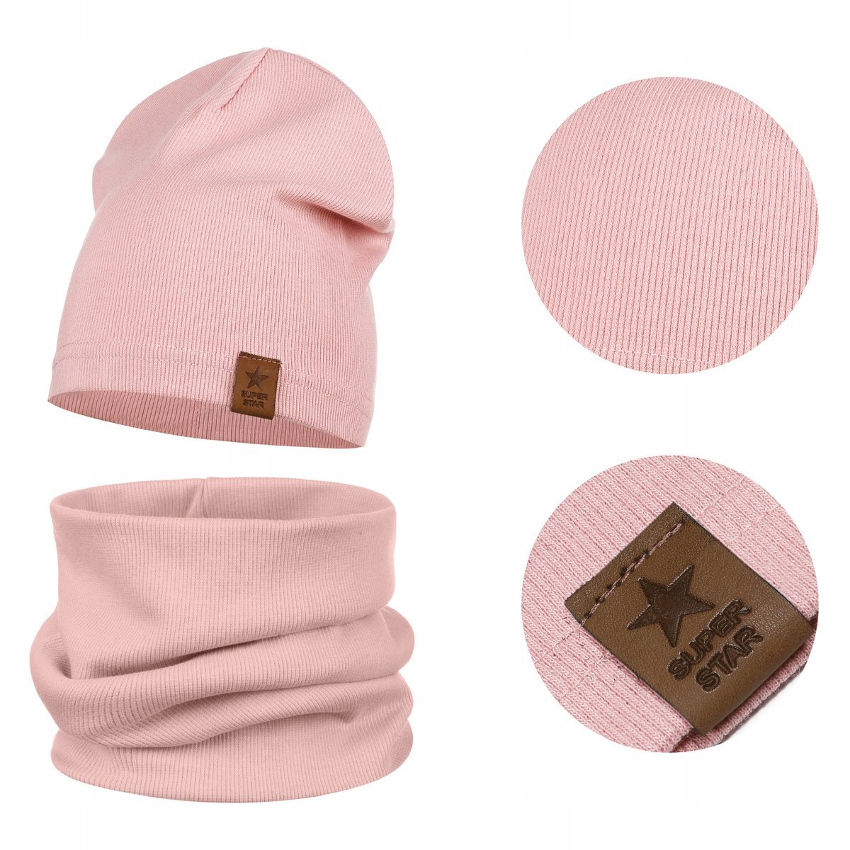 Czapka Komin Komplet Dwuwarstwowy Przejściowy Bawełna Prążek Różowy 54-58