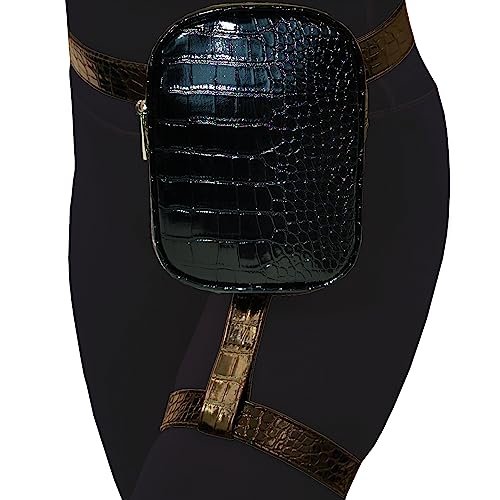 Larswon Torba na nogi Torba na szelki ze skóry PU Torba na udo Torba biodrowa Fanny Pack Uprząż na uda Kobiety, Czarny krokodyl, Small