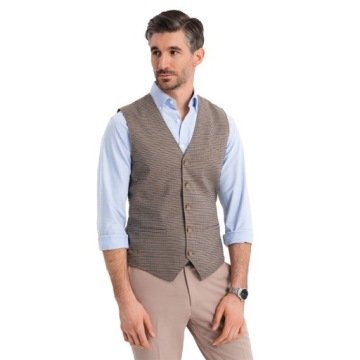 Żakardowa kamizelka męska casual bez klap brązowa V1 OM-BLZV-0111 L