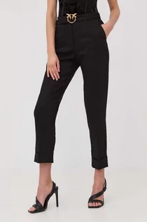 Spodnie damskie - Pinko spodnie lniane damskie kolor czarny proste high waist - grafika 1