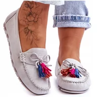 Mokasyny damskie - Mokasyny Klasyczne Stylowe Modne Wsuwane Zamszowe Z Kokardą Damskie Skórzane Z Ozdobą Wygodne Miękkie Lekkie Eleganckie Z Frędzlami Szare 36 - miniaturka - grafika 1