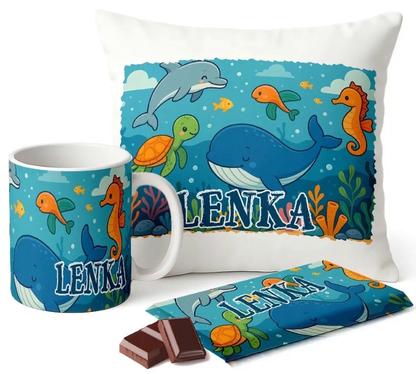 Zestaw Kubek Poduszka Czekolada z Imieniem Ocean Zwierzęta Prezent Dziecka