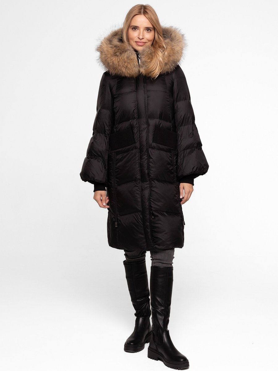 Pikowana Puchowa Kurtka Damska z Naturalnym Obszyciem Futrem Jenota