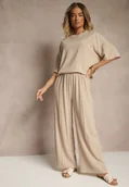 Komplety damskie - Beżowy Oversizowy Komplet z Wiskozą Luźna Bluzka i Proste Spodnie Varlivia - miniaturka - grafika 1