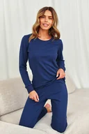 Piżamy damskie - Granatowa piżama damska z prążkowanej dzianiny - miniaturka - grafika 1