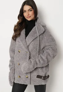 Szara Futrzana Kurtka Płaszcz Dwurzędowy z Dołączonymi Rękawiczkami Hetista - Płaszcze damskie - miniaturka - grafika 1
