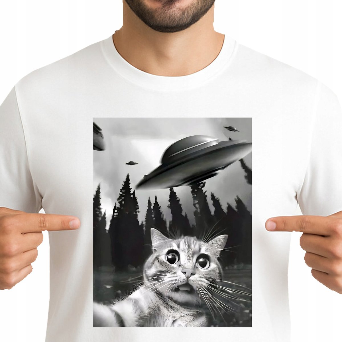 ŚMIESZNA KOSZULKA MEMOWA KOT ALIEN SELFIE UFO STATEK ZABAWNA L 3450