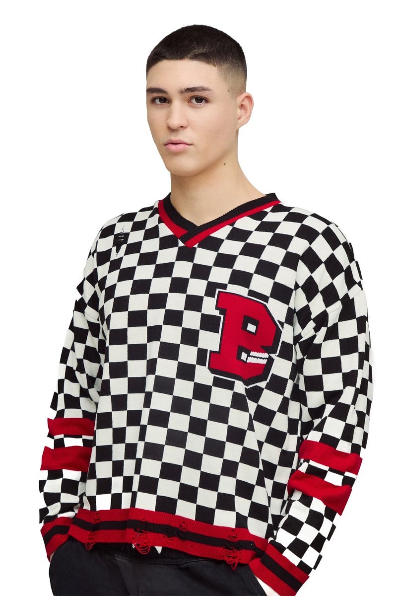 BOOHOOMAN SWETER MĘSKI W KRATĘ CZARNO BIAŁY Z CZERWONYMI DETALEM L Z3A*