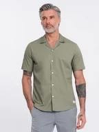 Koszule męskie - Koszula męska z krótkim rękawem i kubańskim kołnierzem - khaki V4 OM-SHSS-0168 - Ombre Clothing - miniaturka - grafika 1