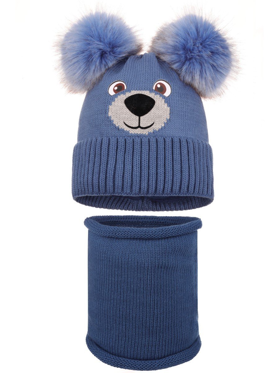 Chłopięcy komplet zimowy czapka i komin misiek niebieski Ambra r.44/46