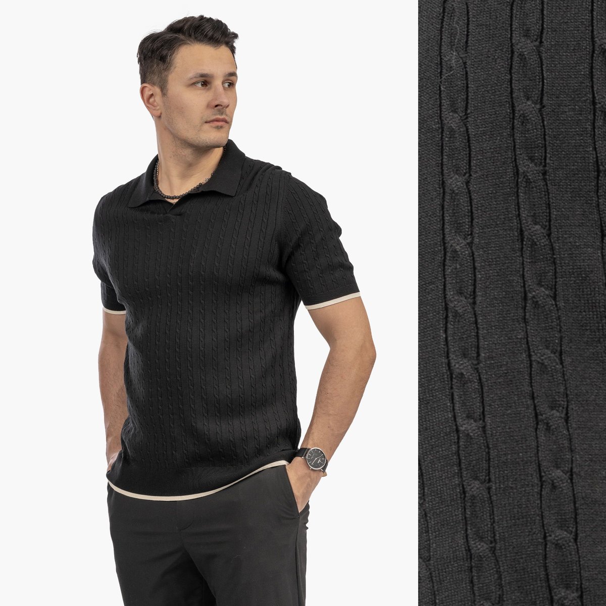 Koszulka Męska Polo Z Kołnierzykiem Dzianinowa Elegancka Czarny 3XL