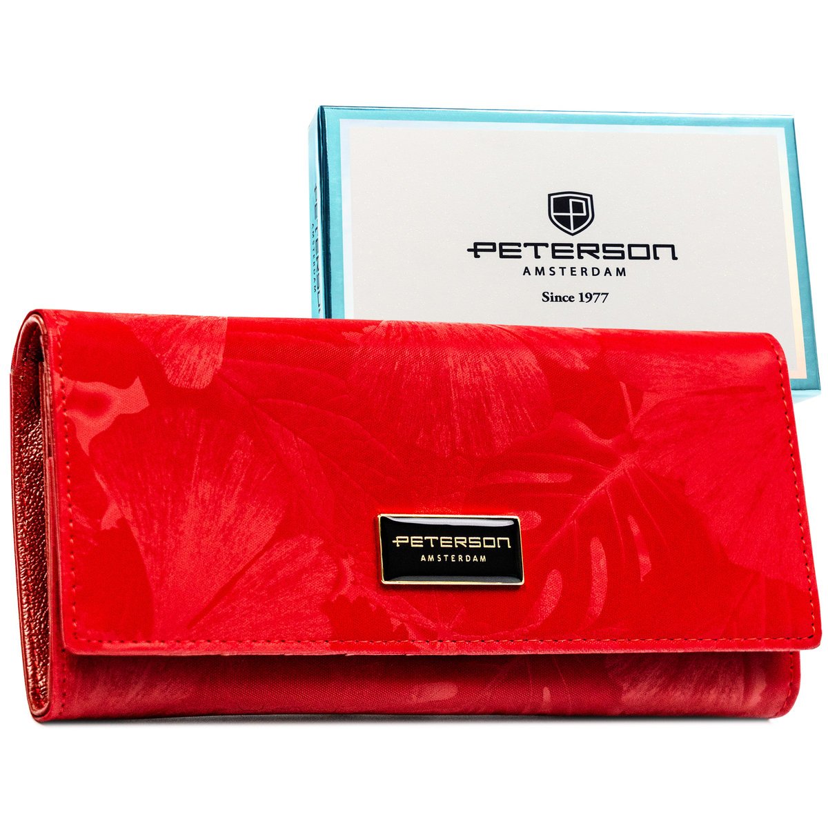 Duży portfel damski PETERSON ochrona rfid stop skóra naturalna i ekologiczna elegancki na zatrzask karty gotówka dokumenty czerwony elegancki modny ..