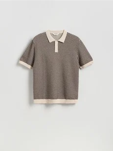 Reserved - Sweter polo ze strukturalnej dzianiny - ciemnobrązowy - Swetry męskie - miniaturka - grafika 1