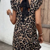 Inne - TEMU Sukienka z wiązaniem z tyłu w panterkę, elegancka sukienka z falbaniastymi rękawami i okrągłym dekoltem na wiosnę i , odzież damska - miniaturka - grafika 1