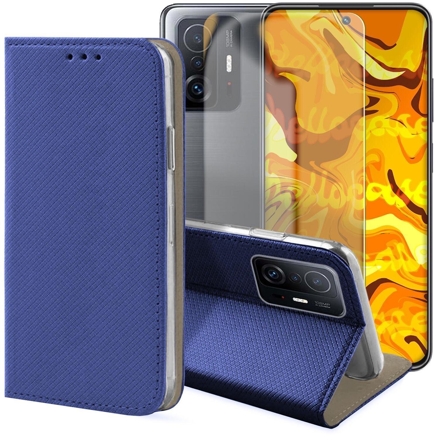 Etui z Klapką Do Xiaomi 11T / 11T Pro Granatowe, Magnetyczne Szkło