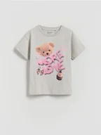 Koszulki dla dziewczynek - Reserved - Bawełniany t-shirt z nadrukiem - jasnoszary - miniaturka - grafika 1