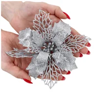 Ozdoby bożonarodzeniowe - Gwiazda Betlejemska Poinsecja Brokatowa Srebrna - miniaturka - grafika 1