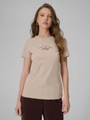 Koszulki i topy damskie - 4F T-shirt slim z nadrukiem damski - beżowy XS - miniaturka - grafika 1