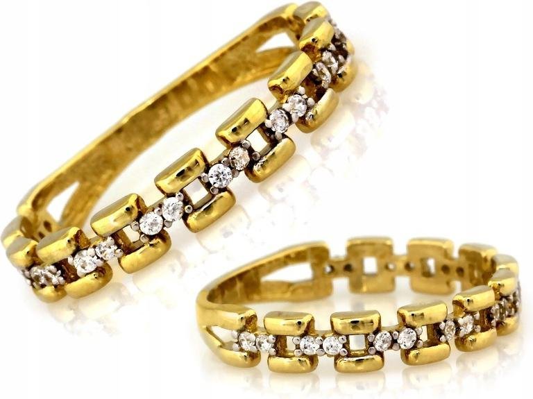 Złoty pierścionek 585 obrączkowy ażurowy dwukolorowy z cyrkoniami r16 modny