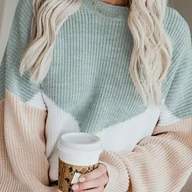 Swetry damskie - TEMU Damski sweter z blokami kolorów, casualowy, z okrągłym dekoltem, opadającymi ramionami, długim rękawem, dzianinowy - elegancki sweter z - miniaturka - grafika 1