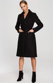 Płaszcze damskie - Czarny płaszcz z wełną o klasycznym kroju z paskiem M708, Kolor czarny, Rozmiar L, MOE - Primodo.com - grafika 1