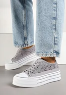 Trampki damskie - Szare Trampki na Grubej Podeszwie z Ażurową Cholewką Felariona - miniaturka - grafika 1