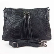 Torebki damskie - Skórzana włoska listonoszka ,wężowa skórka,frędzelki czarna LP149N - miniaturka - grafika 1
