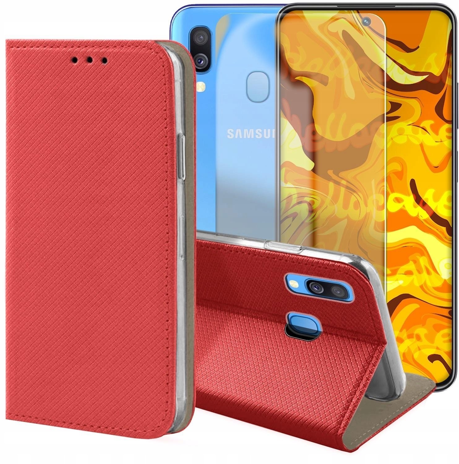 Hello Case Etui z Klapką Do Samsung Galaxy A40 Czerwone, Zamykane, Kabura Szkło
