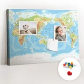 Tablice i flipcharty - Szkolna Tablica korkowa 60x40 cm, Kolorowe Pinezki, wzór Fizyczna mapa świata - miniaturka - grafika 1