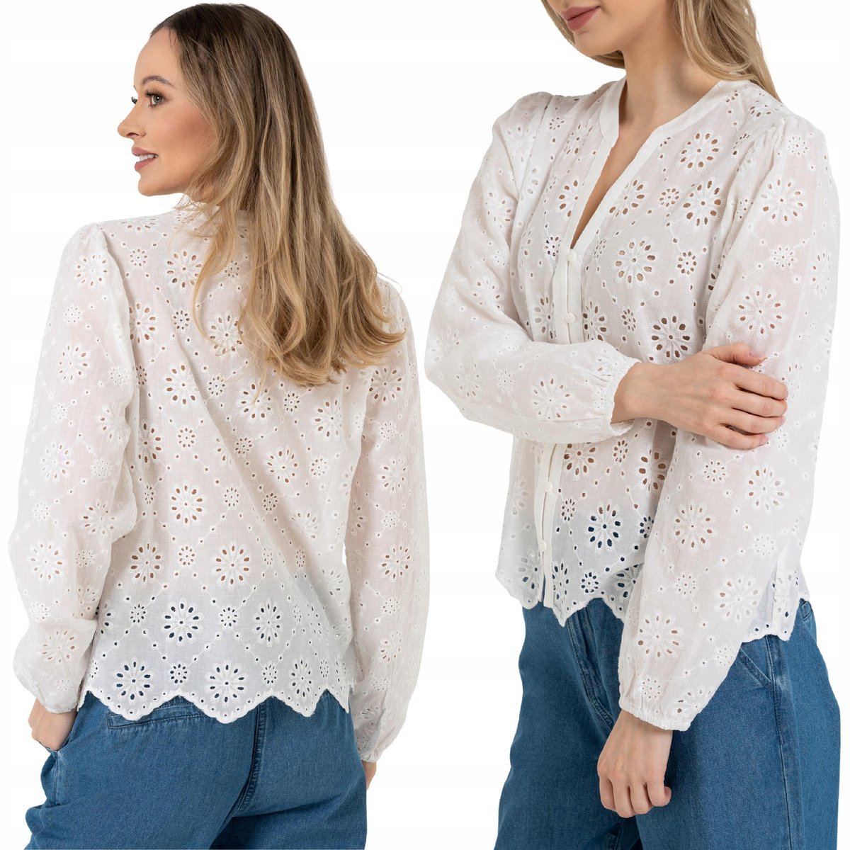 AŻUROWA KOSZULA DAMSKA Z DŁUGIM RĘKAWEM BAWEŁNIANA LUŹNY KRÓJ MORAJ XL WHITE