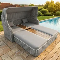 Meble ogrodowe - Zestaw mebli ogrodowych - Leżak - Sofa ogrodowa - Stal ocynkowana - 2 siedziska - Drewno akacjowe - z regulowanym parasolem - Szary - miniaturka - grafika 1