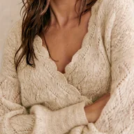 Swetry damskie - TEMU Sweter Damski z Dekoltem w Serek - Miękki i Ciepły, Luźny Krój z Koronkowym Wykończeniem, Elegancki Styl na Co Dzień, Jednokolorowy na - miniaturka - grafika 1