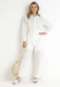 Komplety damskie - Biały Ażurowy Komplet 2-częściowy z Koszulą i Spodniami Amolani - miniaturka - grafika 1