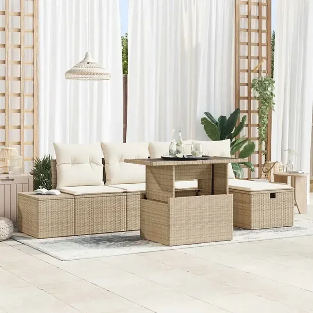 Zestaw Sof Ogrodowych z Przechowywaniem, Beżowy, 5 Osób, Rattan