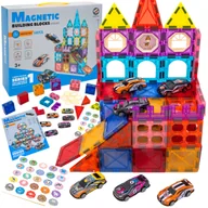 Klocki - Klocki magnetyczne kostrukcyjne DUŻE PANELE ZESTAW XXL Tor samochodowy, Parking, Garaż + samochodziki - 6 aut Magnetic Building Blocks - miniaturka - grafika 1