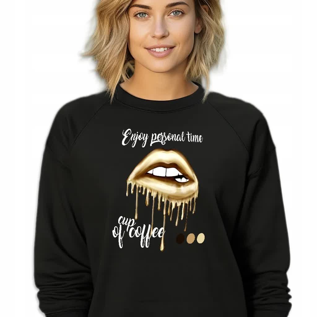 Czarna Bluza Damska Dresowa ENJOY PERSONAL TIME Stylowa Modna Wz Rozmiar L