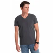 Koszulki męskie - Męska bawełniana koszulka dekolt w serek BASIC grafitowa V3 OM-TSBS-0145 S - miniaturka - grafika 1