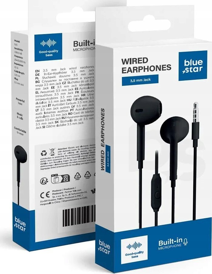 BLUE STAR słuchawki przewodowe Jack 3,5 mm z mikrofonem PA-E65 1,2 m czarne