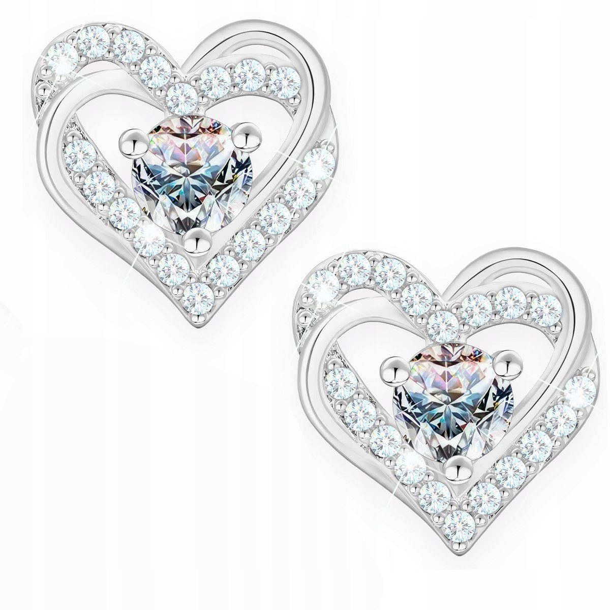 Kolczyki Srebrne Serca z Białym Oczkiem Serduszka Cyrkonie SREBRO 925