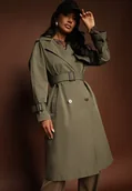 Płaszcze damskie - Zielony Dwurzędowy Płaszcz Trencz z Paskiem Ninnolia - miniaturka - grafika 1