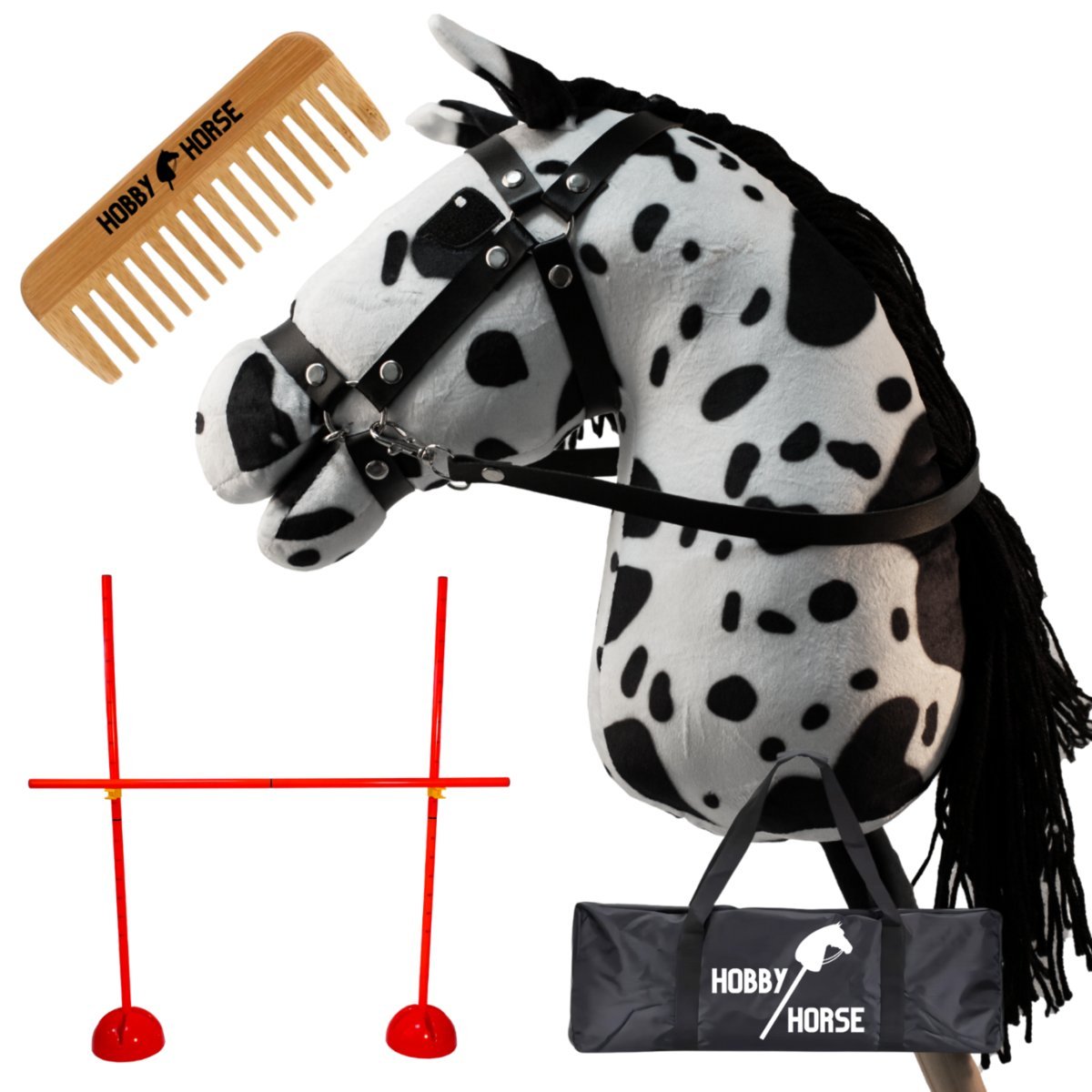 ZESTAW HOBBY HORSE KOŃ NA KIJU A3 + PRZESZKODA DO SKAKANIA 120 CM + GRZEBIEŃ [M-ZESTAW-H11-1]