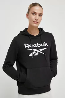 Bluzy damskie - Reebok bluza damska kolor czarny z kapturem z nadrukiem - grafika 1